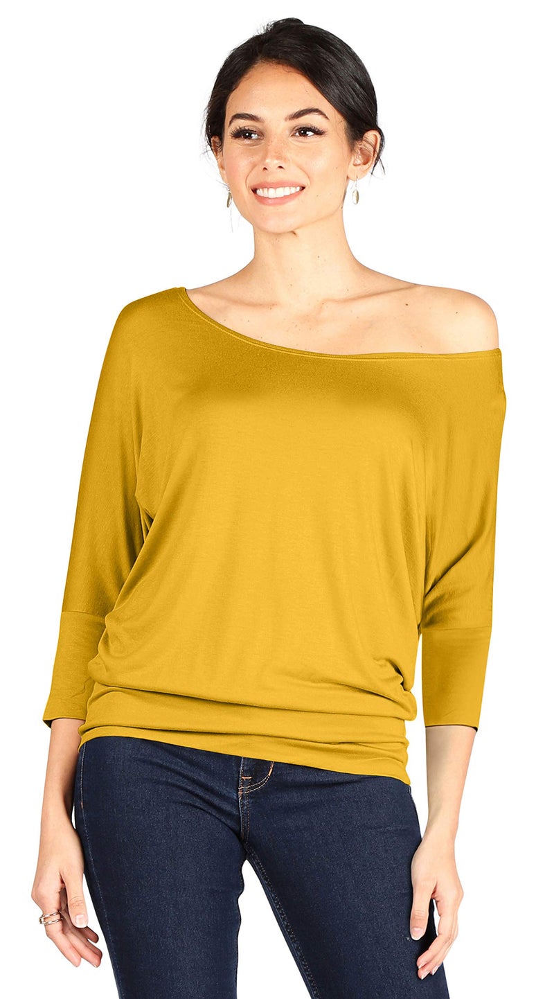 Simlu Dolman 3/4 Sleeve Drape Round Neck Top With Banded Waist - Made In USA, Mustard, Medium - Image 2